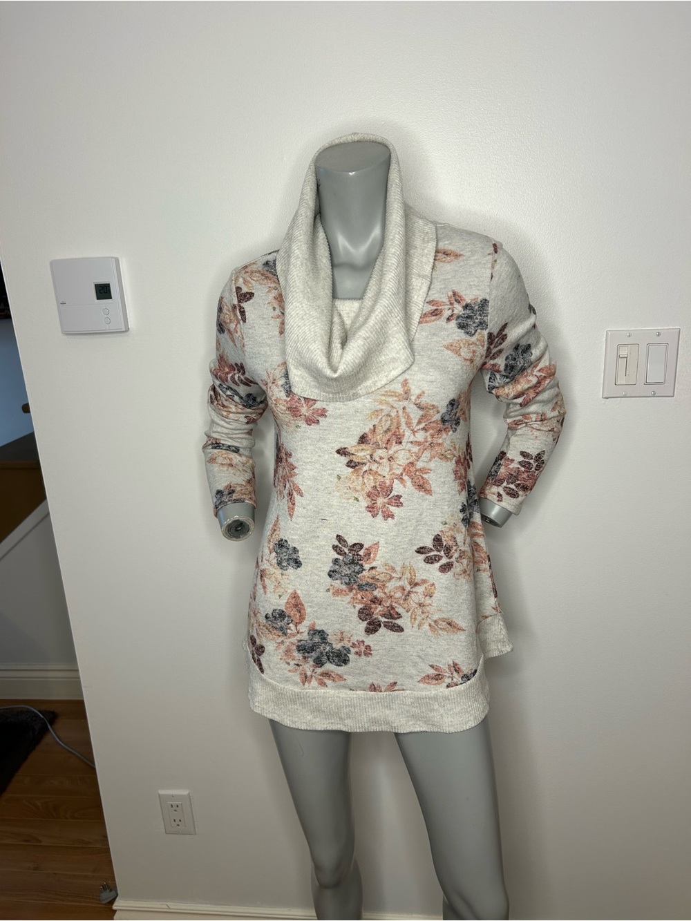 SPANNER Cream Floral Cowl Neck Tunic Sweater with Blush & Charcoal Accents